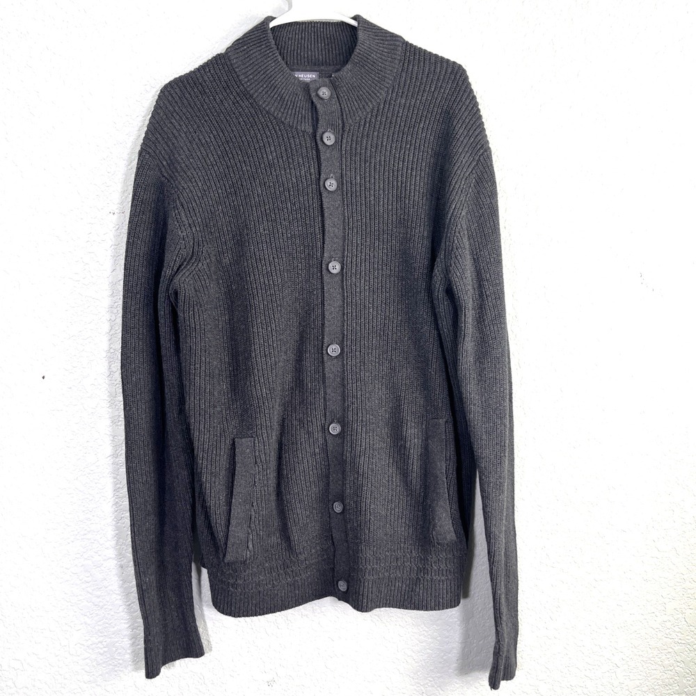 Van Heusen Cardigan Mens XL Gray Never Tuck Ribbed Button Up Mock Neck‎ Sweater